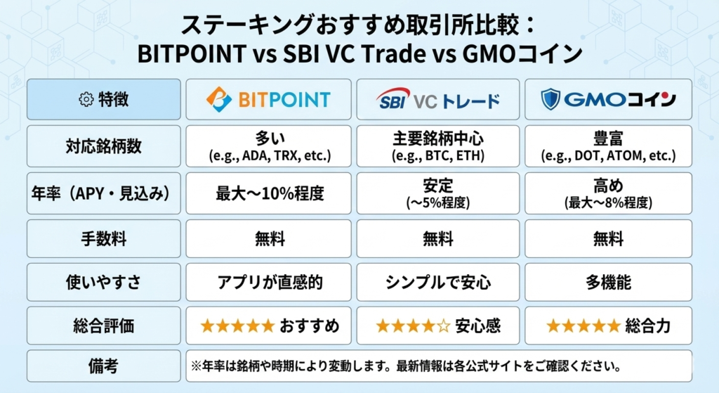 ステーキングおすすめ取引所比較BITPOINT SBI GMO