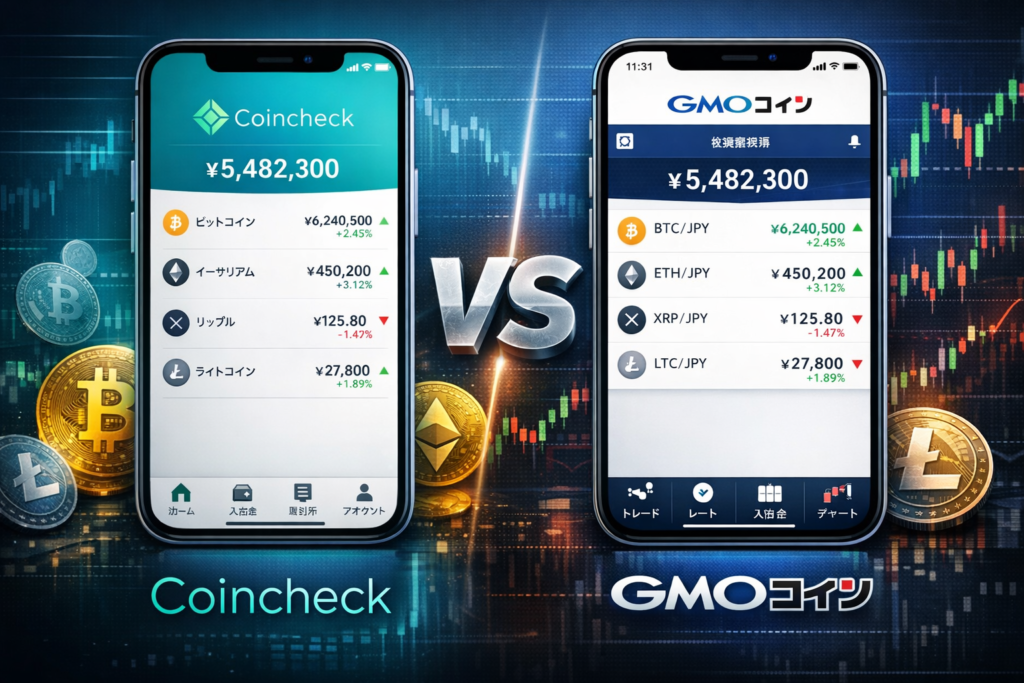 CoincheckとGMOコインのアプリ画面比較