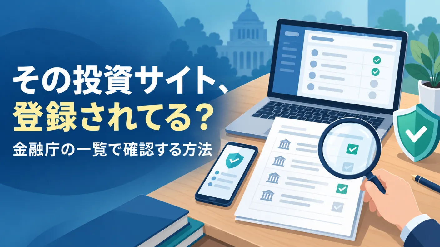 ノートパソコンと書類を虫めがねで確認するイラストに「その投資サイト、登録されてる？金融庁の一覧で確認する方法」の文字