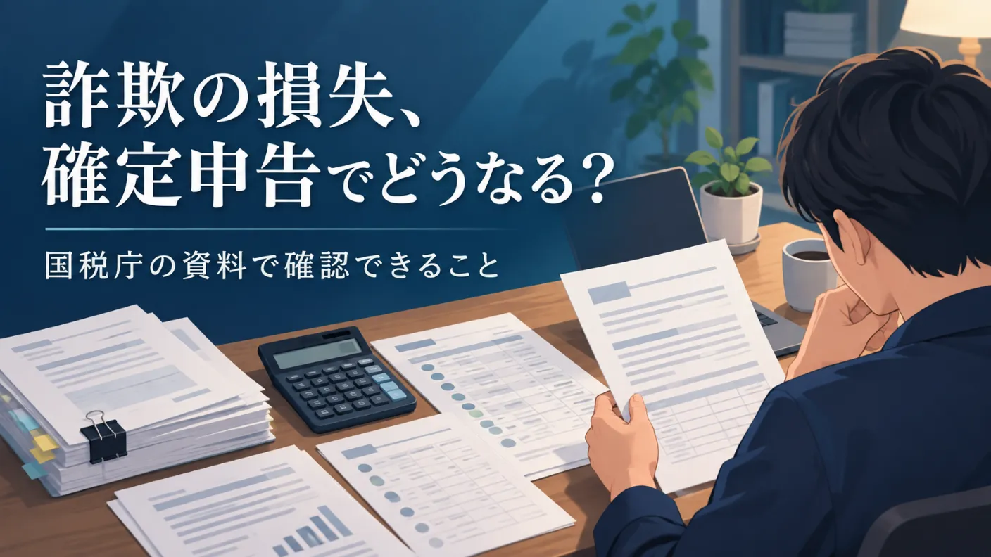 机に並べた書類と電卓、書類を見る人の後ろ姿のイラストに「詐欺の損失、確定申告でどうなる？国税庁の資料で確認できること」の文字